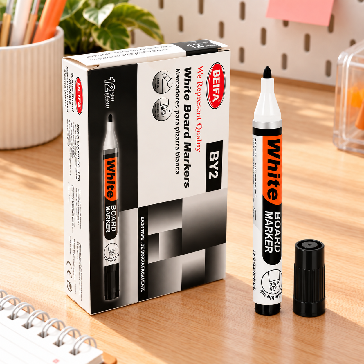 BEIFA Refillable Whiteboard Marker, round fiber tip - BLACK ink - 12/120/720 pcs