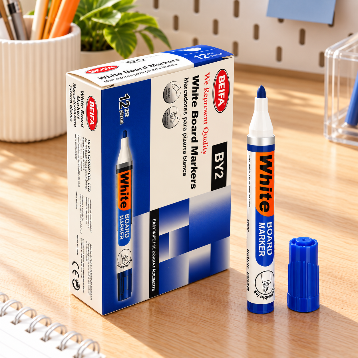 BEIFA Refillable Whiteboard Marker, round fiber tip - BLUE ink - 12/120/720 pcs