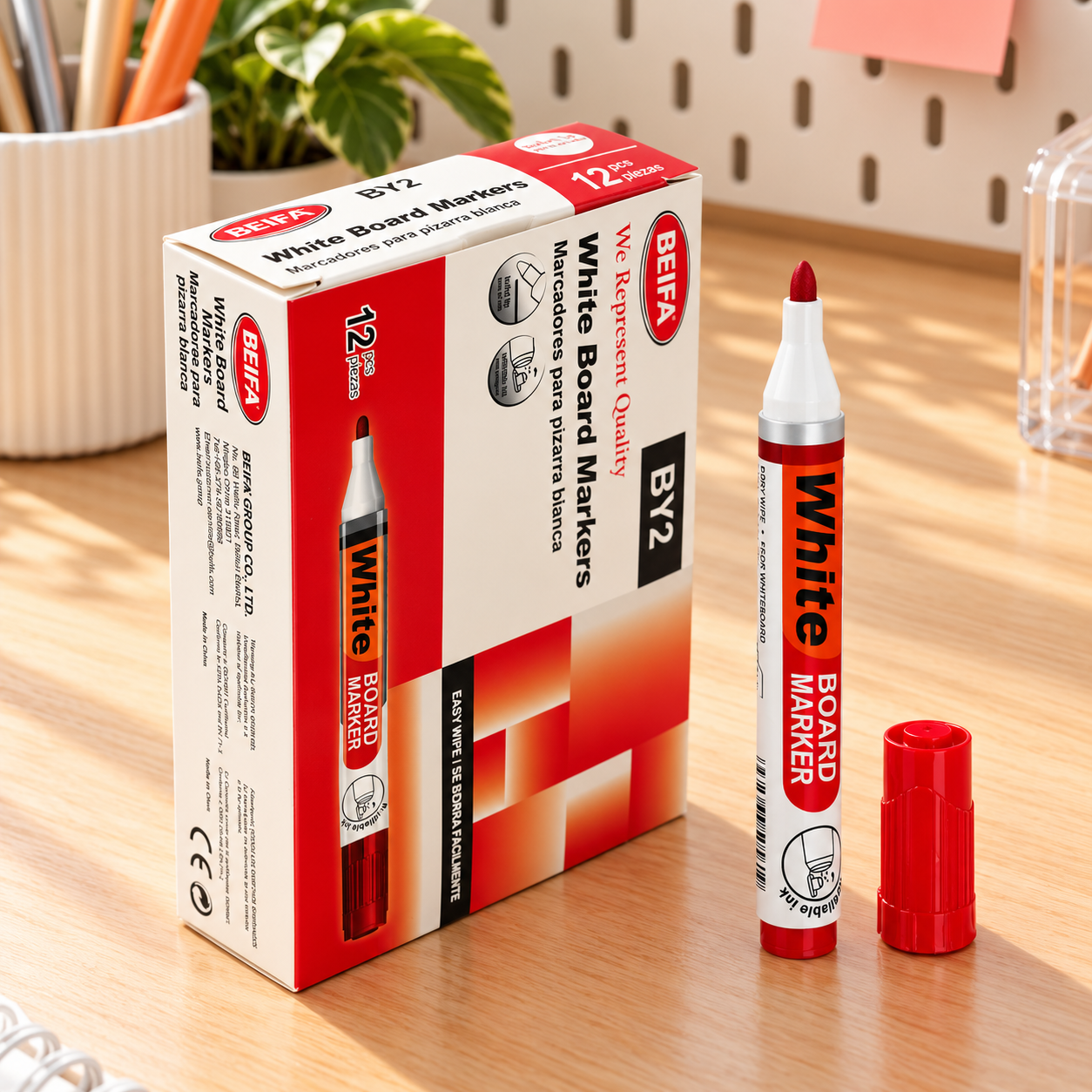 BEIFA Refillable Whiteboard Marker, round fiber tip - RED ink - 12/120/720 pcs