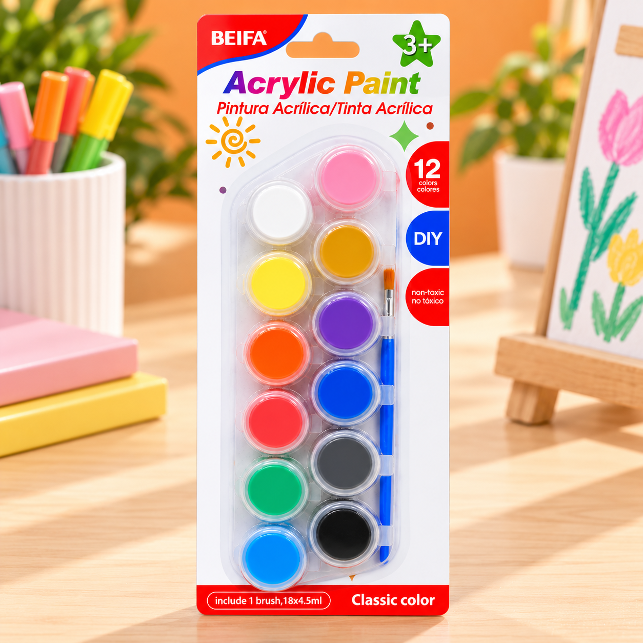 BEIFA Acrylic Paint 12 colors + 1 brush - 1/24/144 pcs