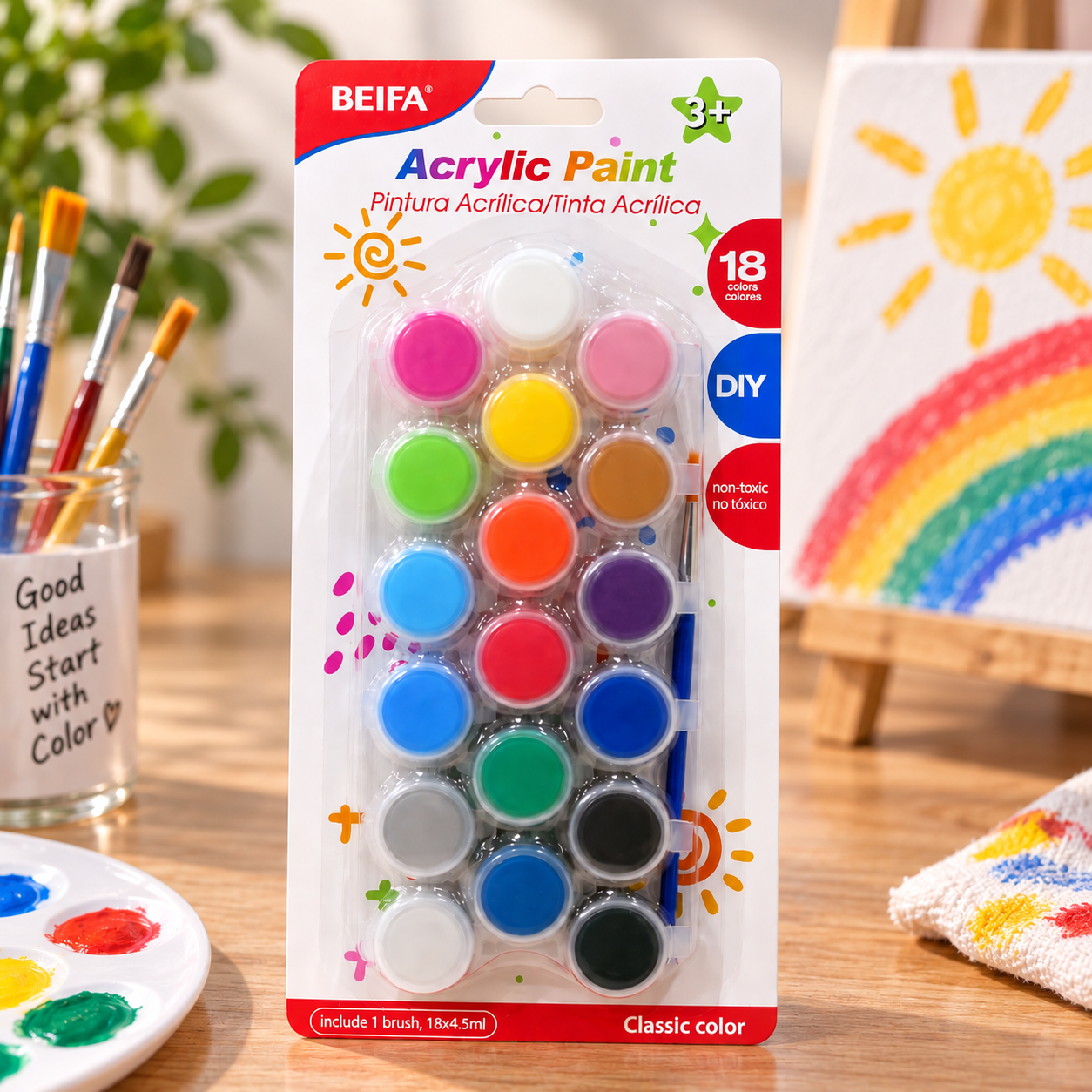 BEIFA Acrylic Paint 18 colors + 1 brush - 1/24/144 pcs