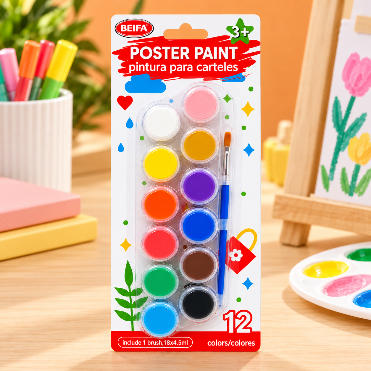 BEIFA Poster Paint 12 colors + 1 brush - 1/12/72 pcs