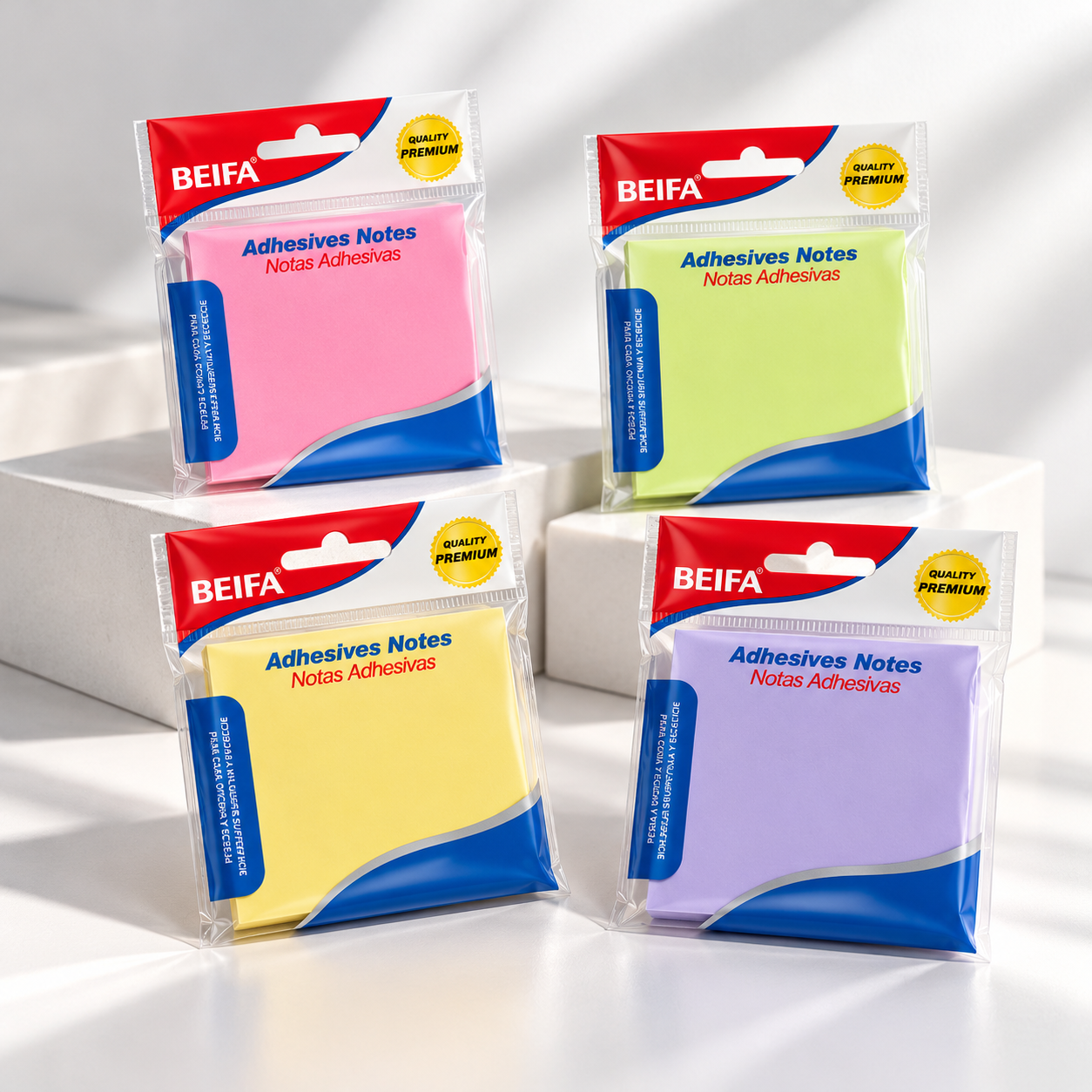 BEIFA Sticky Notes 76x76mm, mix 4 colors (yellow, pink, green, blue), 100 sheet per pad - 24/288 pcs