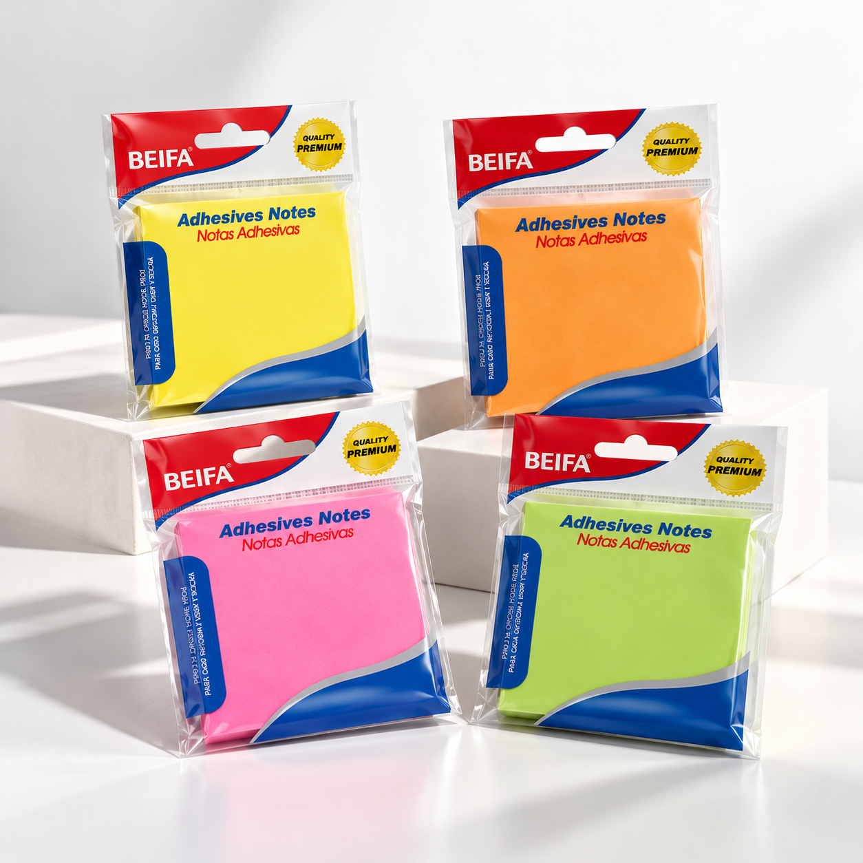 BEIFA Sticky Notes 76x76mm, mix 4 fluorescent colors (yellow, orange, green, red), 100 sheet per pad