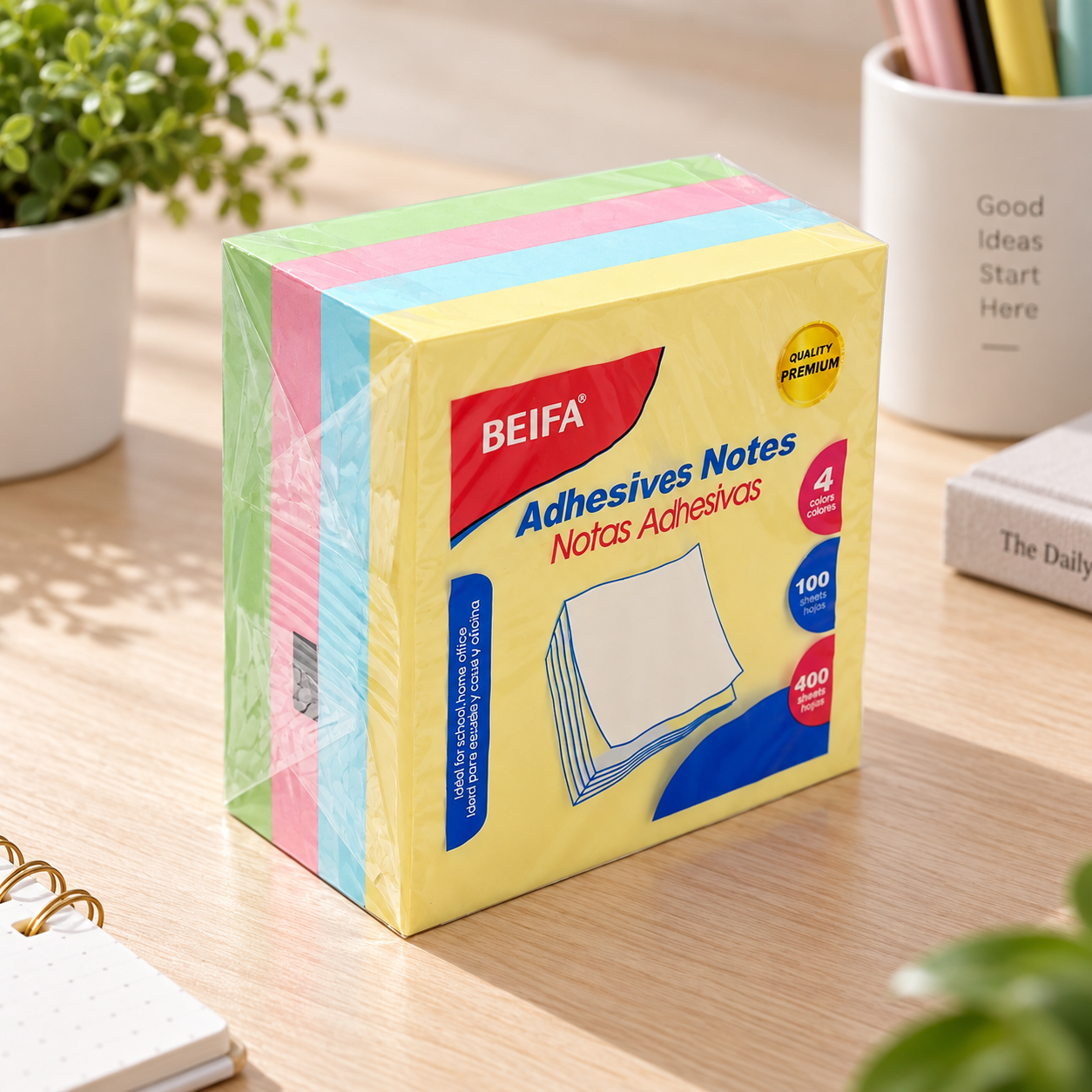 BEIFA Sticky Notes 76x76mm, mix 4 colors (yellow, pink, green, blue) @ 100 sheets, 400 sheets per pa