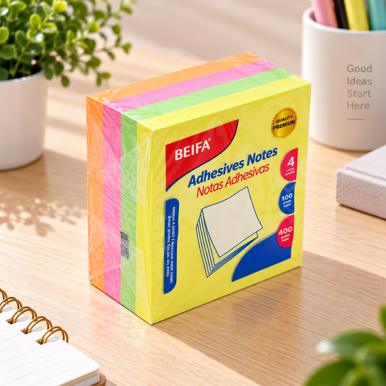 BEIFA Sticky Notes 76x76mm, mix 4 fluorescent colors ((yellow, orange, green, red) @ 100 sheets, 400