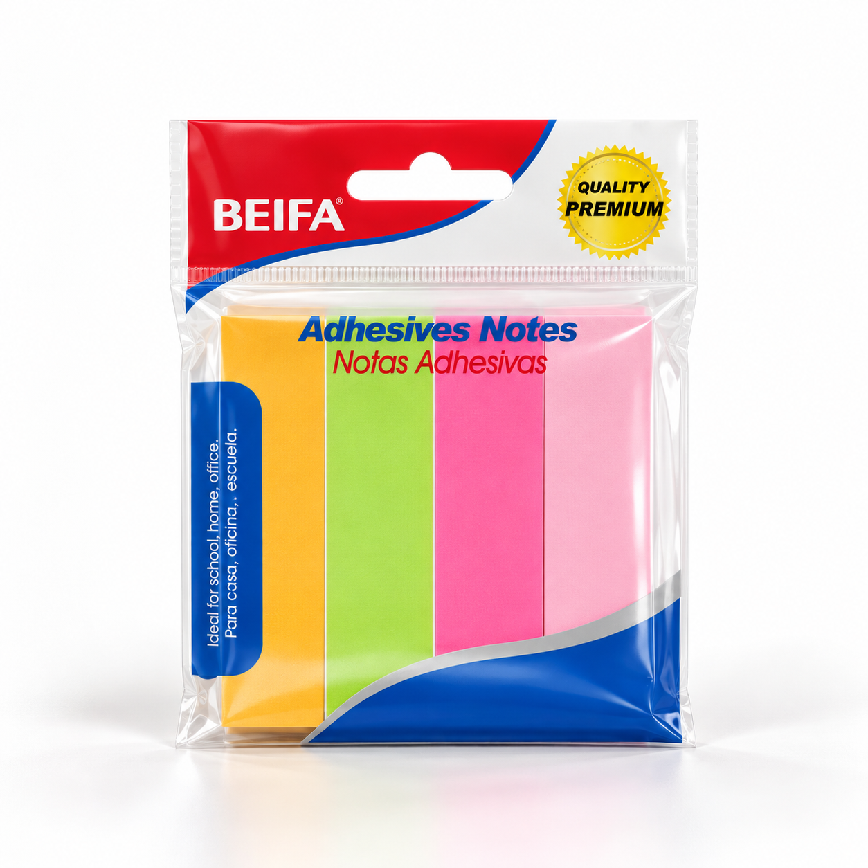 BEIFA Index Notes, 4 fluorescent colors @ 100 sheets, 19x76mm - 1/24/288 pcs