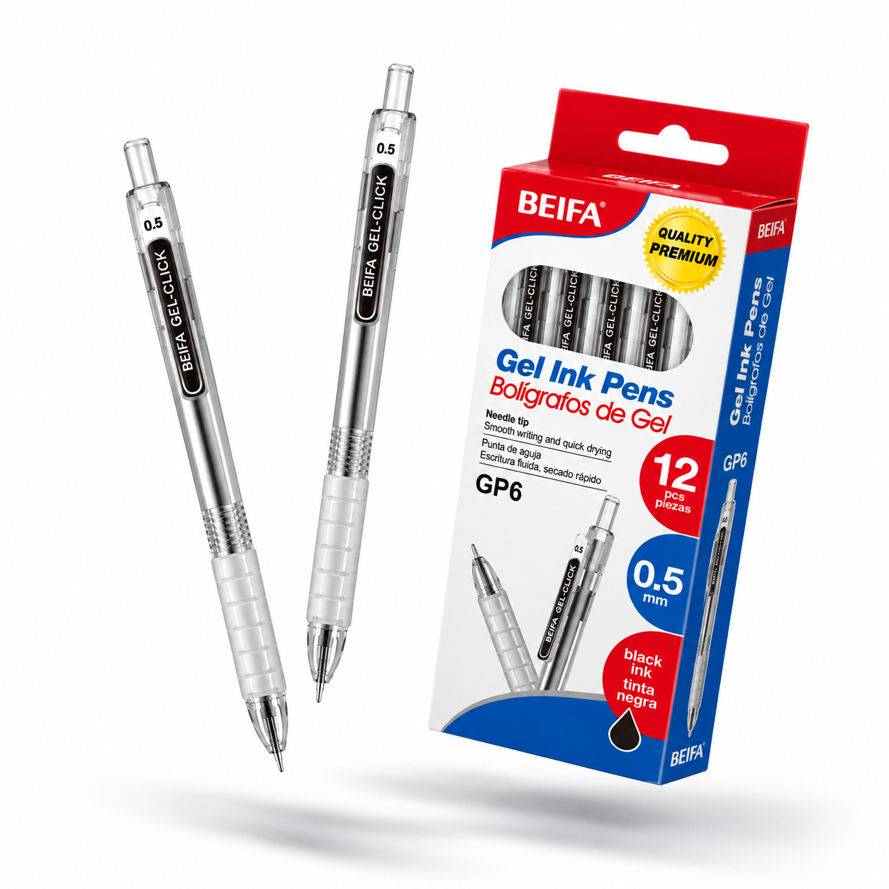 BEIFA Retractable Gel Pen 0.5mm ST tip - BLACK ink - 12/288/1728 pcs