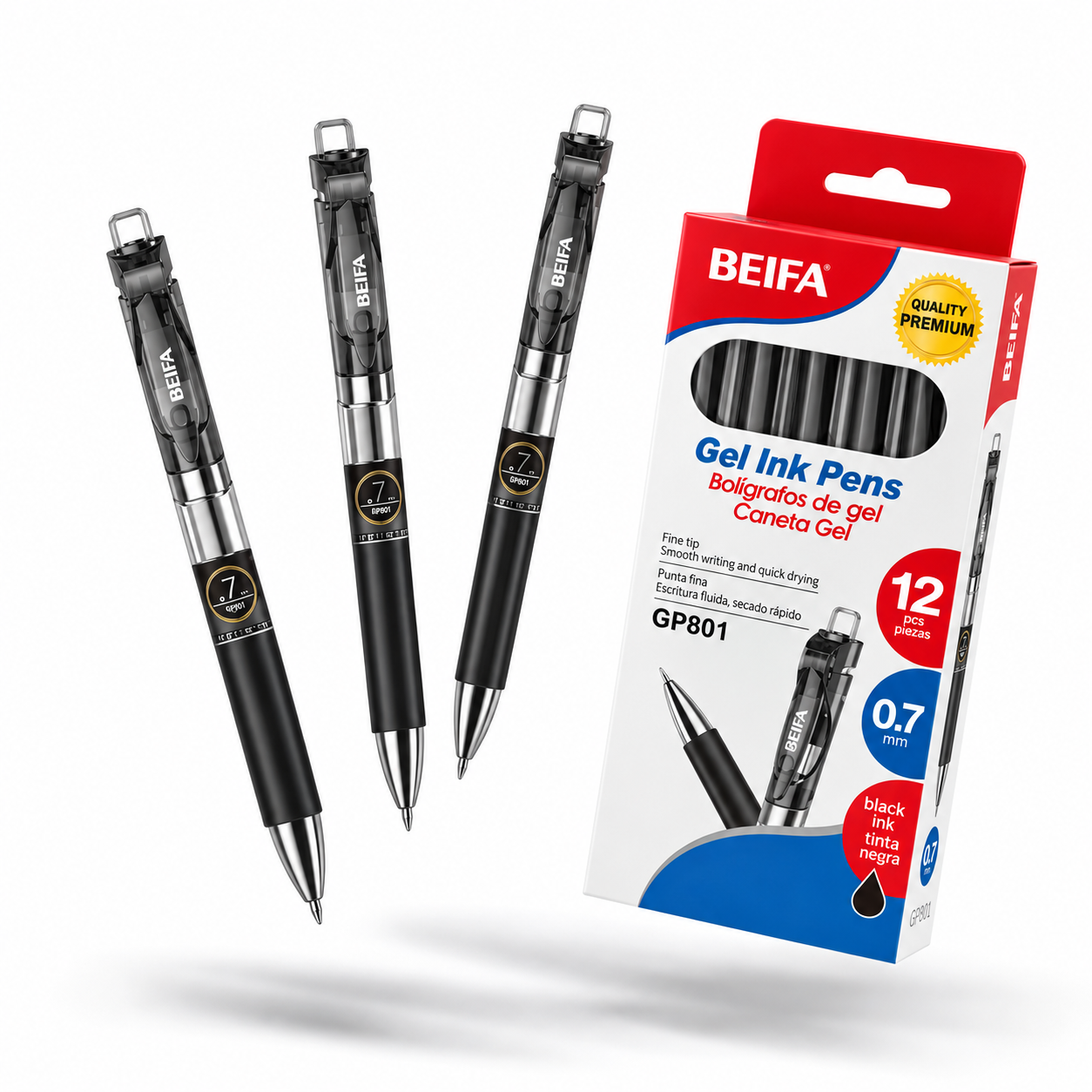BEIFA Retractable Gel Pen 0.7mm FINE tip - BLACK ink - 12/144/1728 pcs