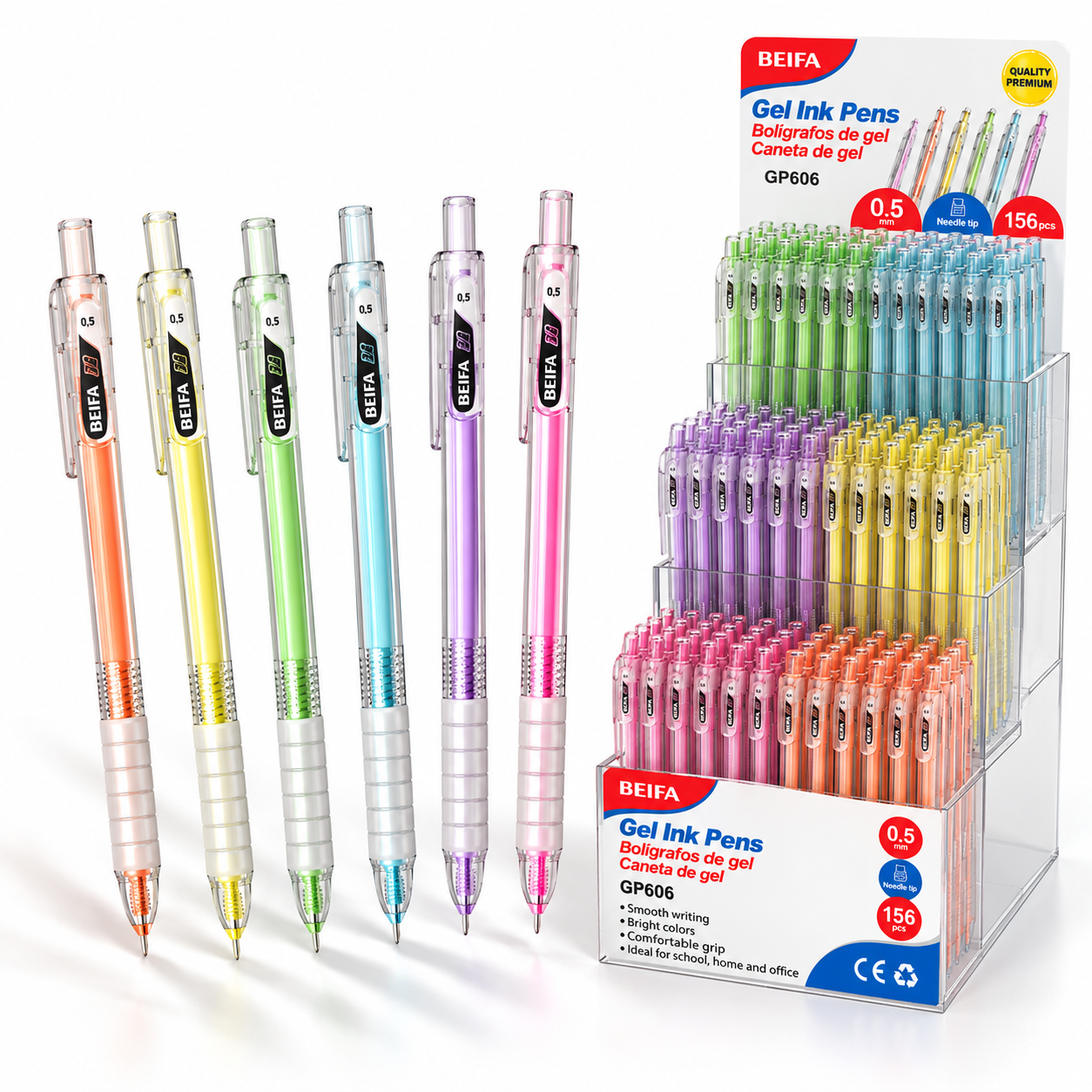 BEIFA Retractable Gel Pen Set 0.5mm ST tip (156 pcs / display set), 6 ink colors - 156/936 pcs