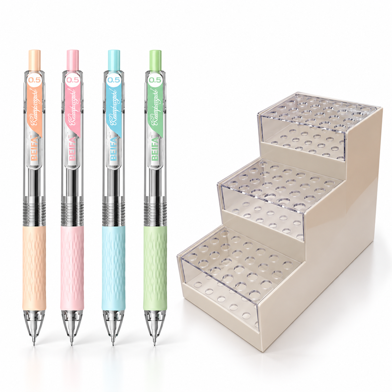BEIFA Retractable Gel Pen Set 0.5mm ST tip (72 pcs / display set), 4 colors caps - BLACK ink - 72/28