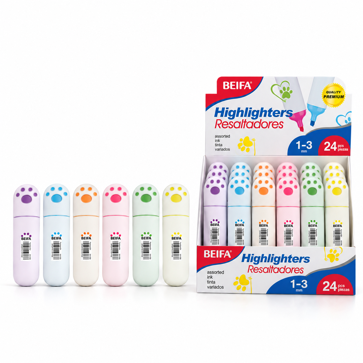 BEIFA Cat Paw Highlighter Set - 6 fluorescent colors, CHISEL tip - 24/288/864 pcs