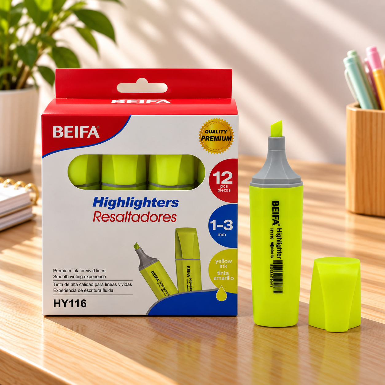 BEIFA Highlighter fluorescent YELLOW, CHISEL tip - 12/144/576 pcs