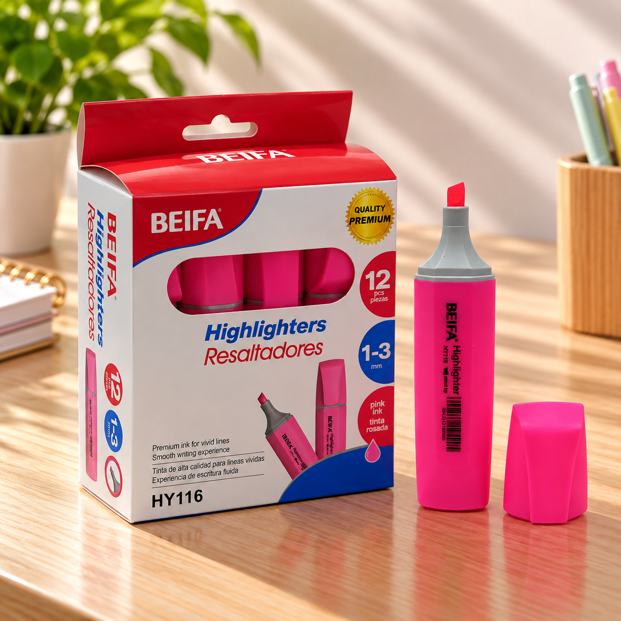 BEIFA Highlighter fluorescent PINK, CHISEL tip - 12/144/576 pcs