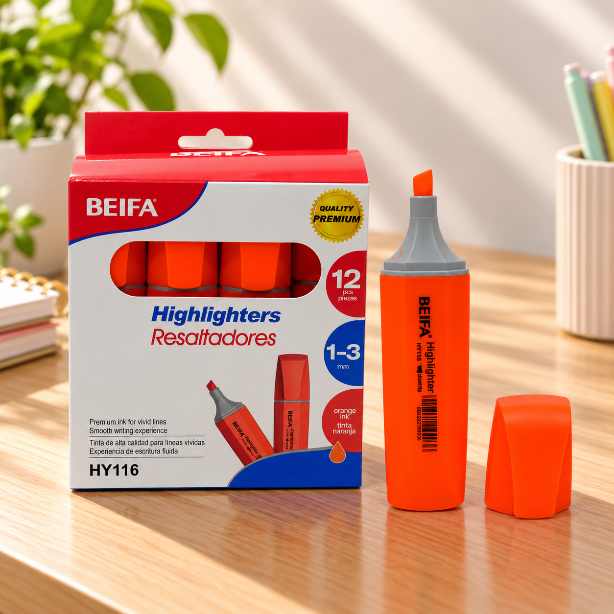 BEIFA Highlighter fluorescent ORANGE, CHISEL tip - 12/144/576 pcs
