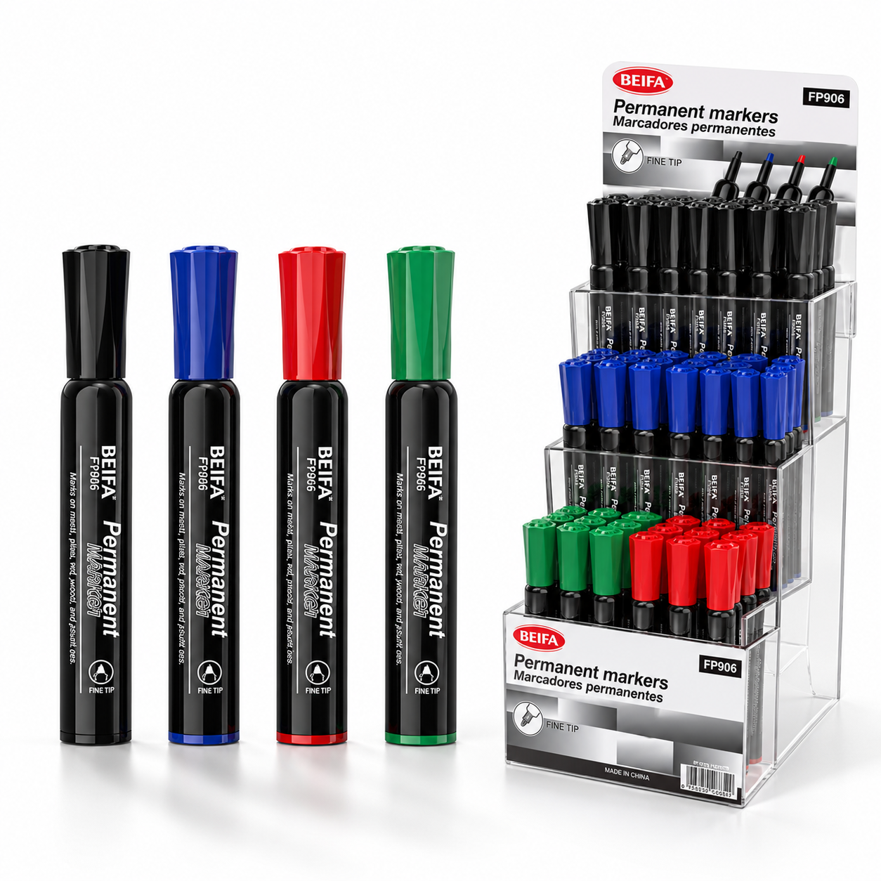 BEIFA Permanent Marker Display Set (black, blue, red, green ink) 36/72/216 pcs