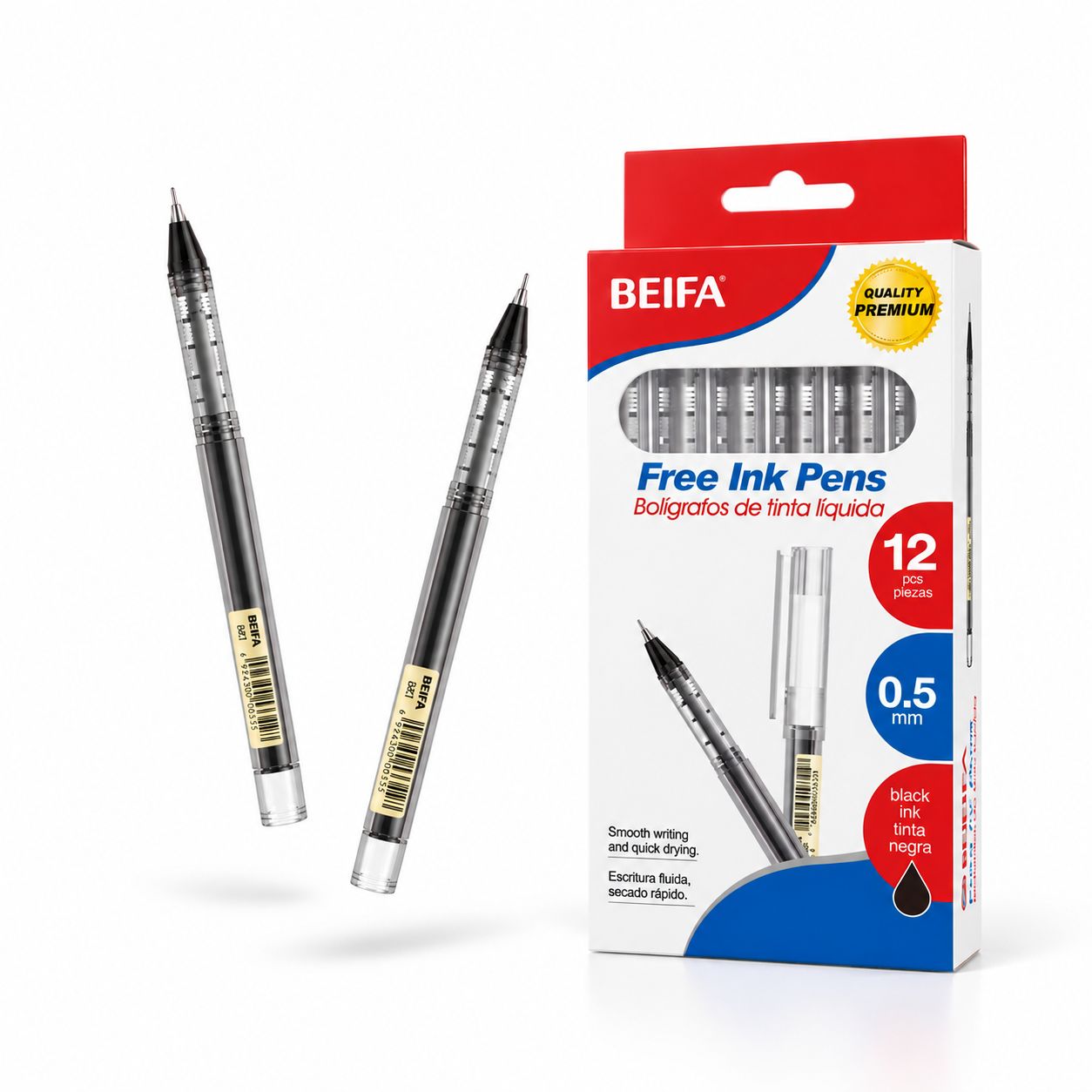 BEIFA Free Ink Pen 0.5mm ST tip - BLACK ink - 12/288/1152 pcs