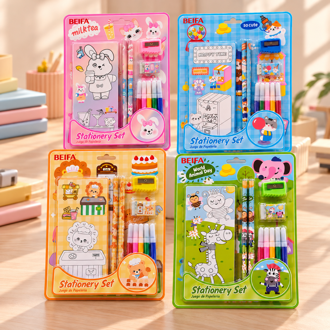 BEIFA Children Stationery Set - 4 sheets of drawing paper, 2 pencils, eraser, pencil sharpener, 5-co