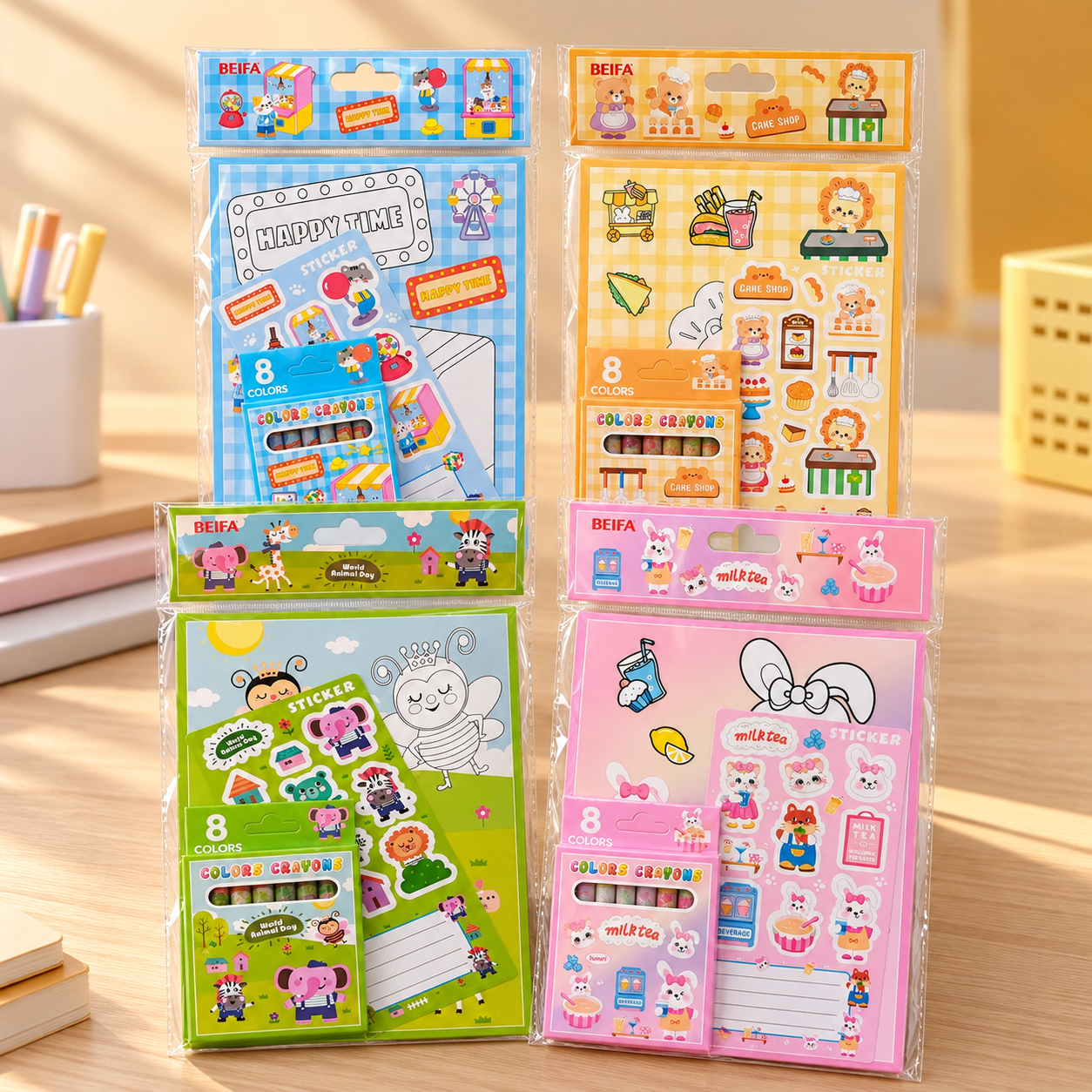 BEIFA Children Stationery Set - 4 sheets of drawing paper, stickers, 8 colors of crayons - 1/36/216