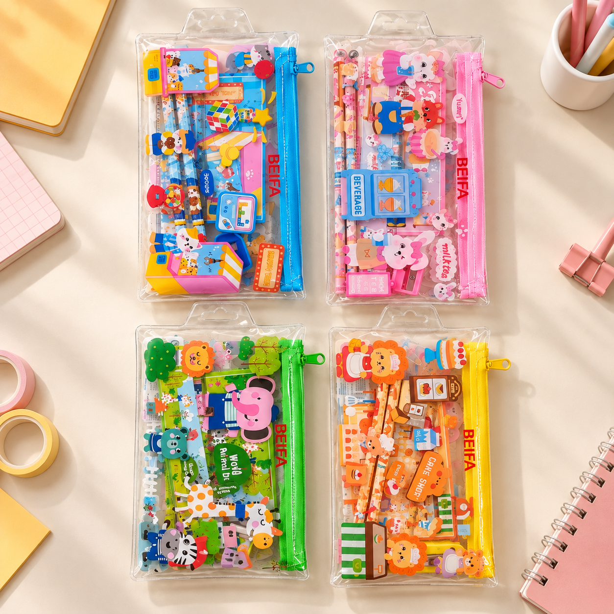 BEIFA Children Stationery Set - Notebook, 15cm ruler, 2 pencils, eraser, pencil sharpener, pouch - 1