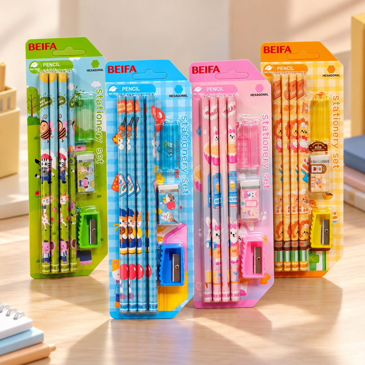 BEIFA Children Pencil Set - 8 pencils, pencil cases, eraser, pencil sharpener - 1/36/288 pcs