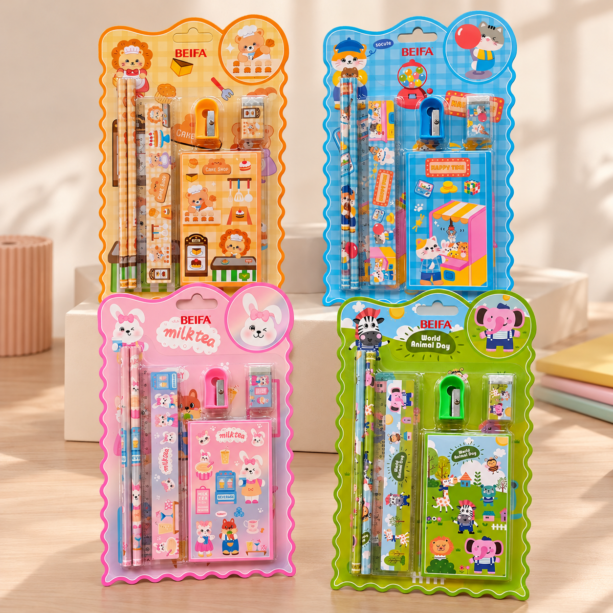 BEIFA Children Stationery Set - 2 pencils, 15cm ruler, eraser, pencil sharpener, notebook - 1/36/288