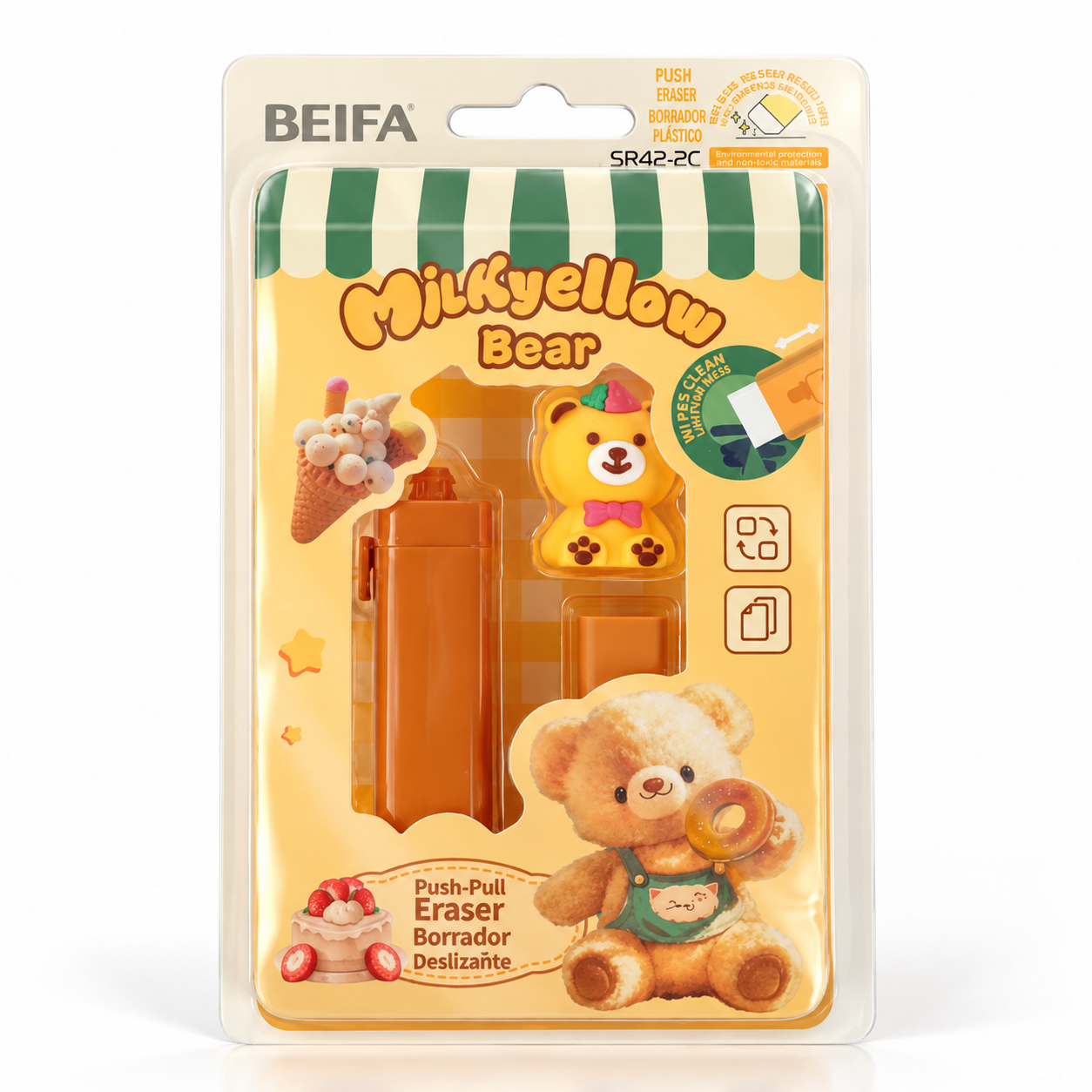 BEIFA Milkyellow Bear Sliding Eraser + 1 pcs refill - 24/288 pcs