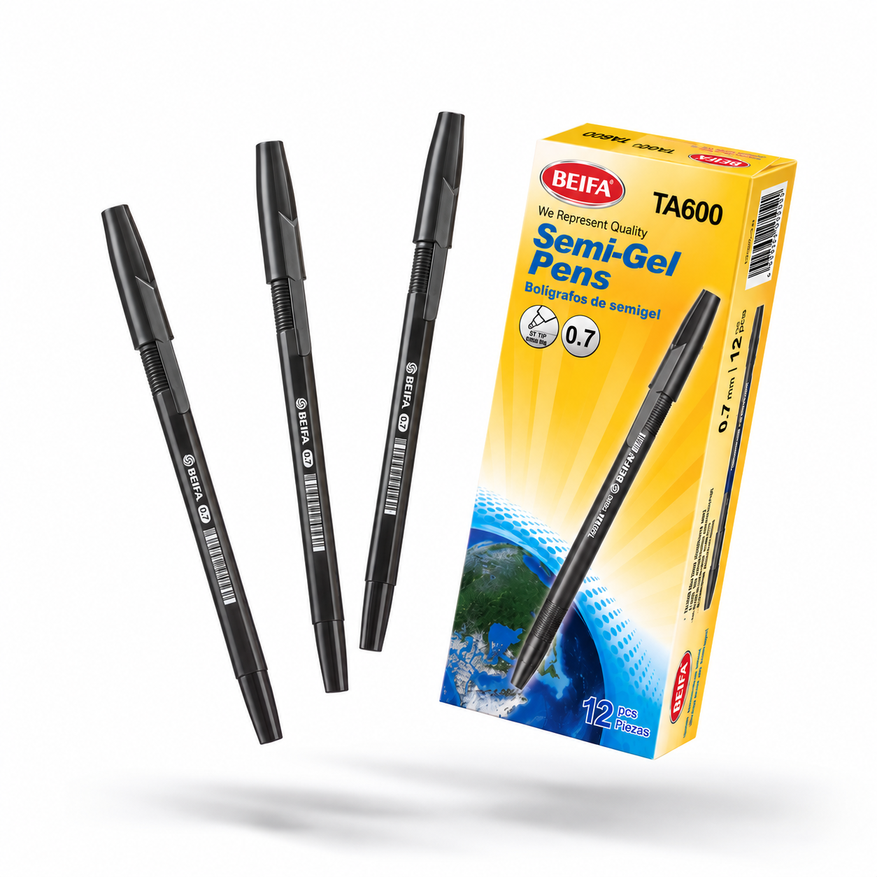 BEIFA Semi Gel Pen 0.7mm ST tip - BLACK ink - 12/144/1728 pcs