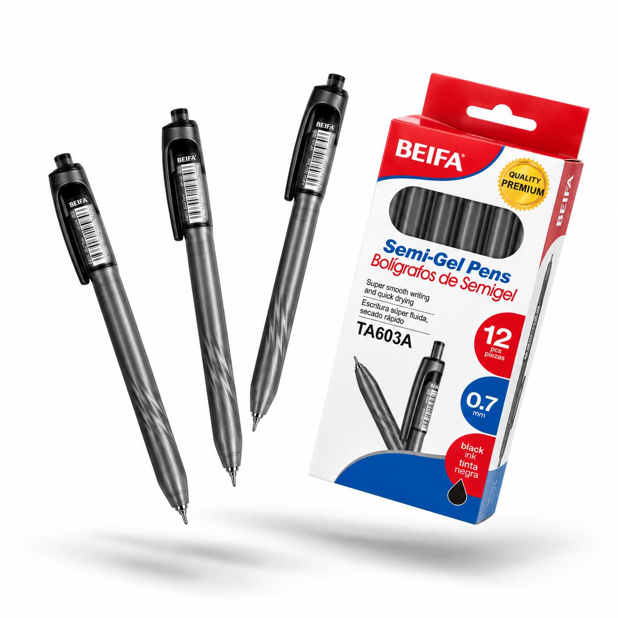 BEIFA Retractable Semi Gel Pen 0.7mm ST tip - BLACK ink - 12/144/1728 pcs