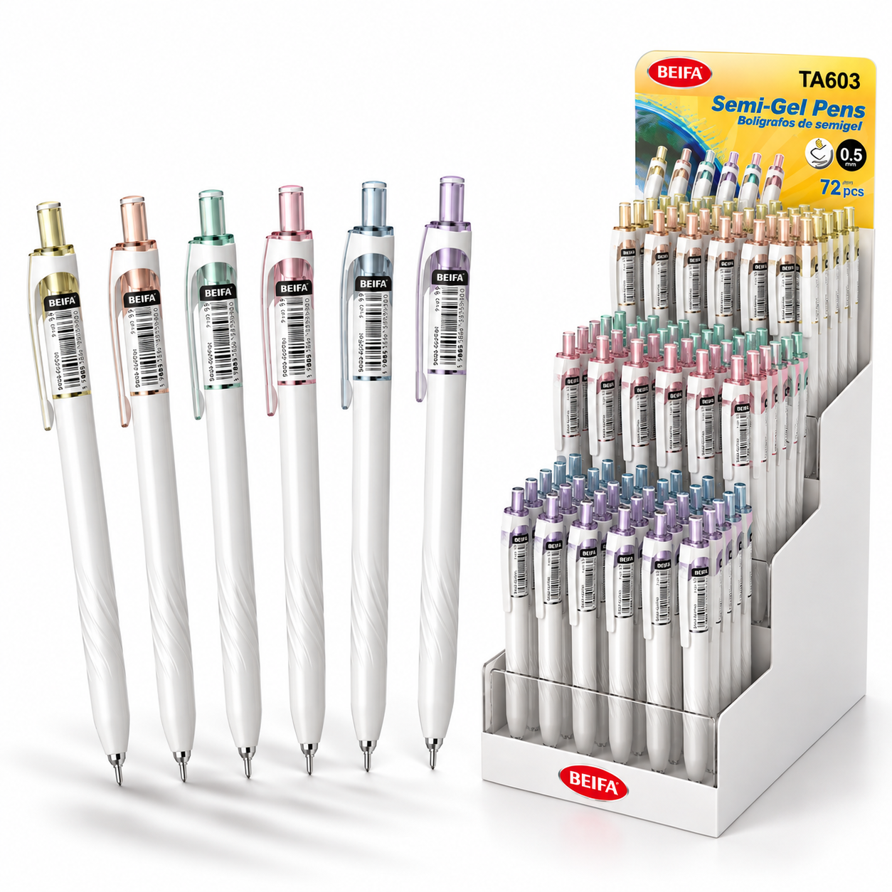 BEIFA Retractable Semi Gel Pen Display Set 0.7mm ST tip - BLACK ink - 72/144/864 pcs