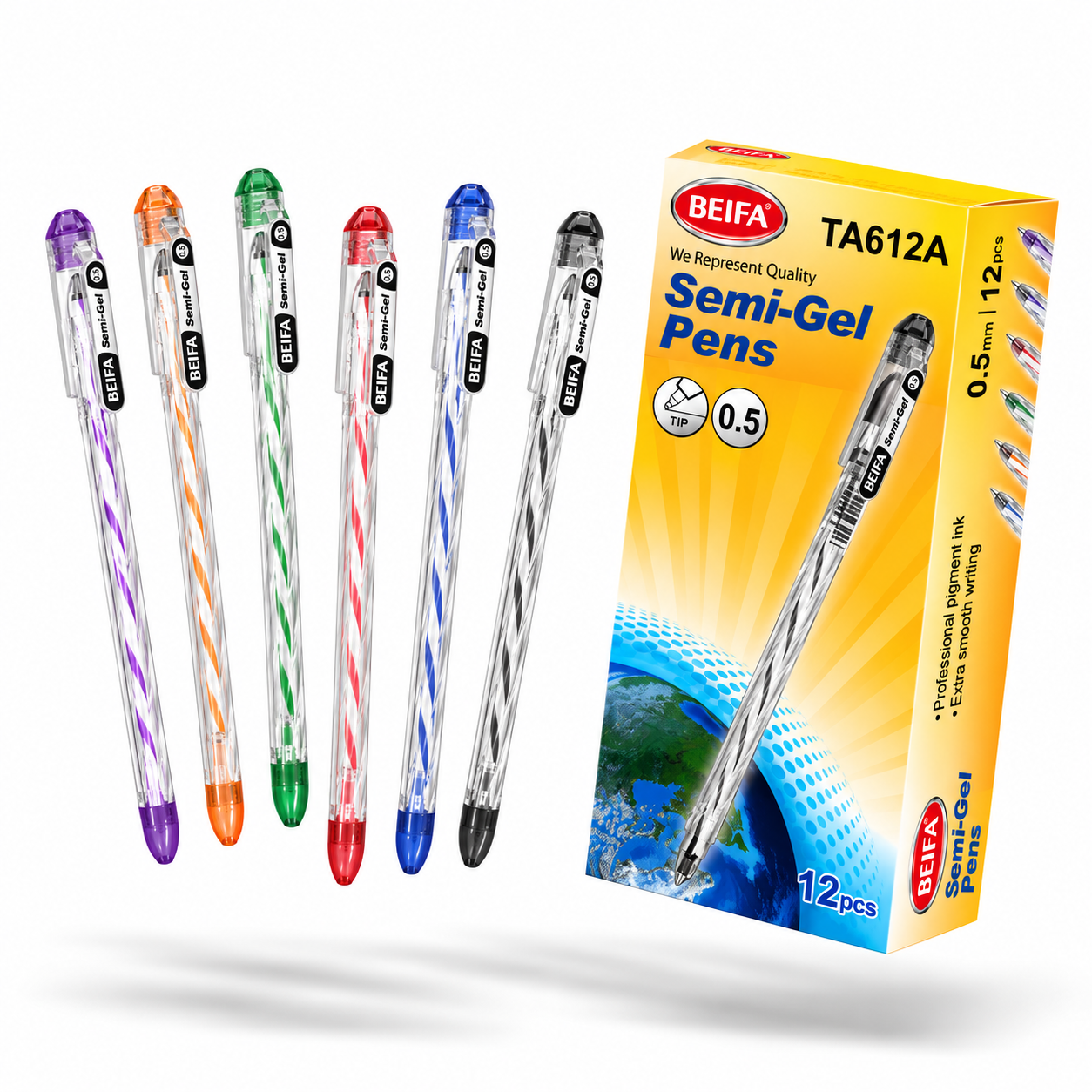 BEIFA Semi Gel Pen 0.5mm ST tip - BLACK ink - 12/144/1728 pcs