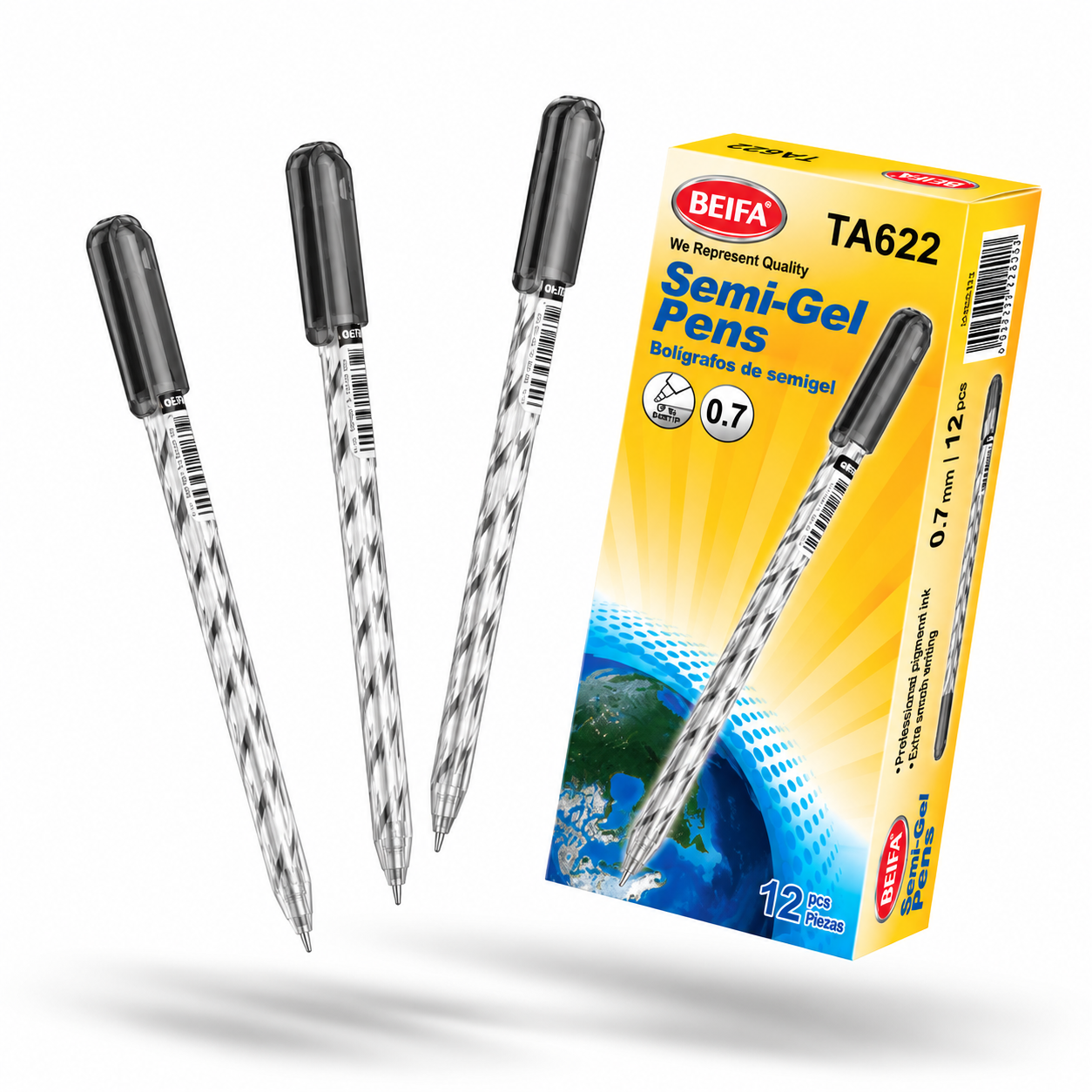 BEIFA Semi Gel Pen 0.7mm ST tip - BLACK ink - 12/288/1152 pcs