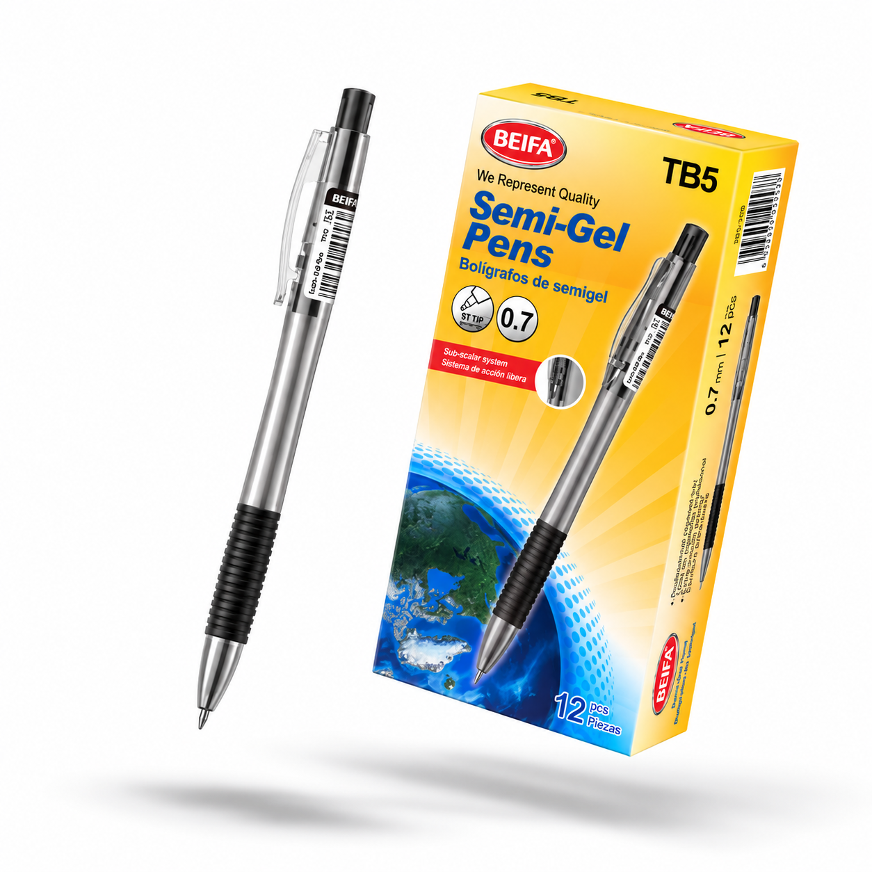BEIFA Retractable Side Clip Semi Gel Pen 0.7mm ST tip, 6 colors barrel in plastic bottle - BLACK ink