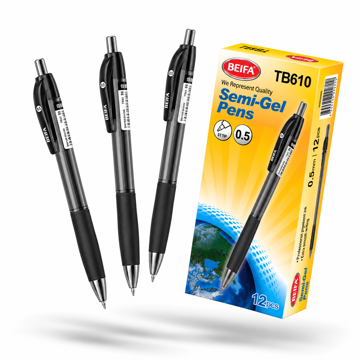 BEIFA Retractable Semi Gel Pen 0.5mm ST tip - BLACK ink - 12/144/1728 pcs