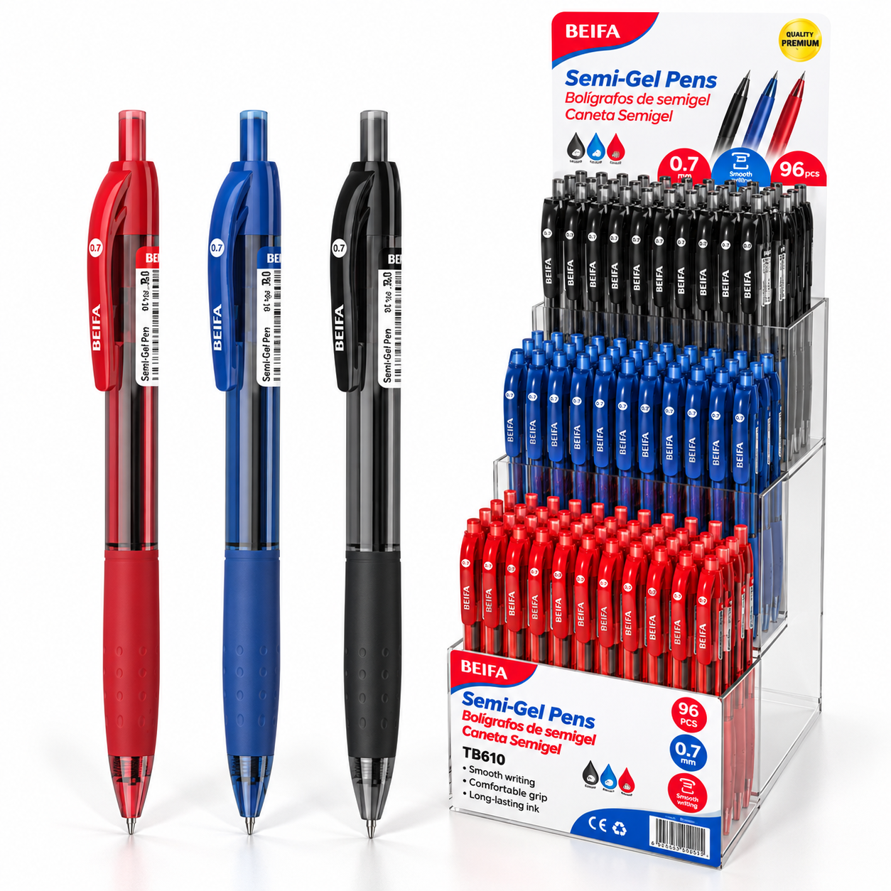 BEIFA Retractable Semi Gel Pen Display Set 0.7mm ST tip - BLACK ink - 96/192/576 pcs