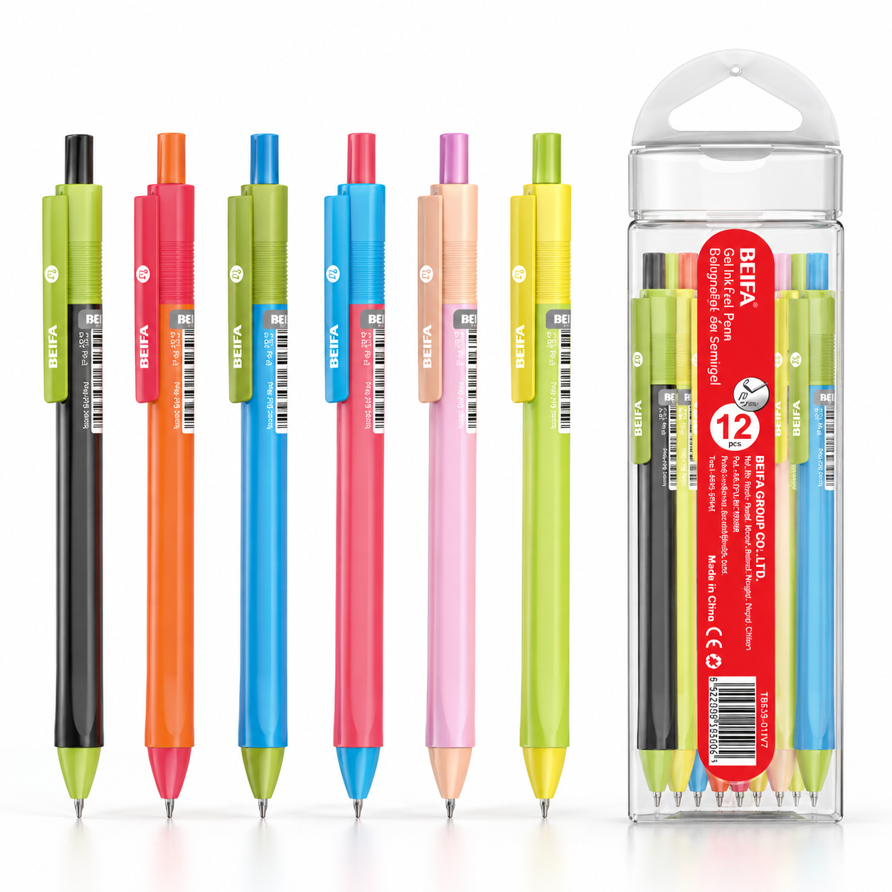 BEIFA Retractable Semi Gel Pen 0.7mm ST tip, 6 colors barrel in plastic bottle - BLACK ink - 12/144/