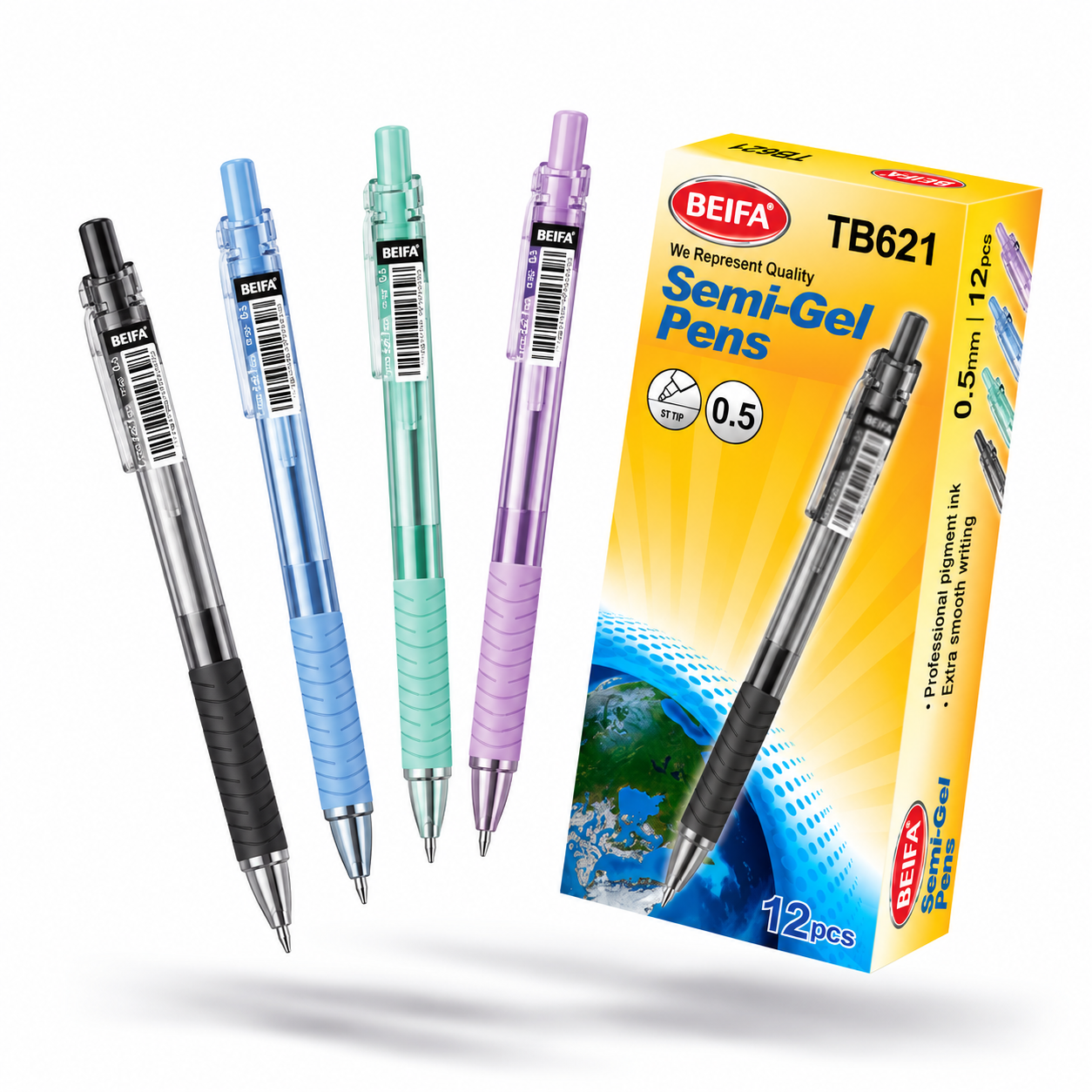 BEIFA Retractable Semi Gel Pen 0.5mm ST tip, 4 colors barrel - BLACK ink - 12/144/1728 pcs