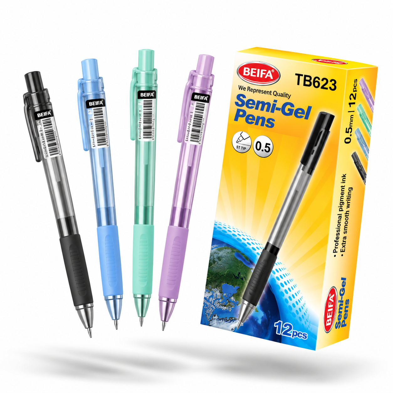 BEIFA Retractable Semi Gel Pen 0.5mm ST tip, 4 colors barrel - BLACK ink - 12/144/1728 pcs