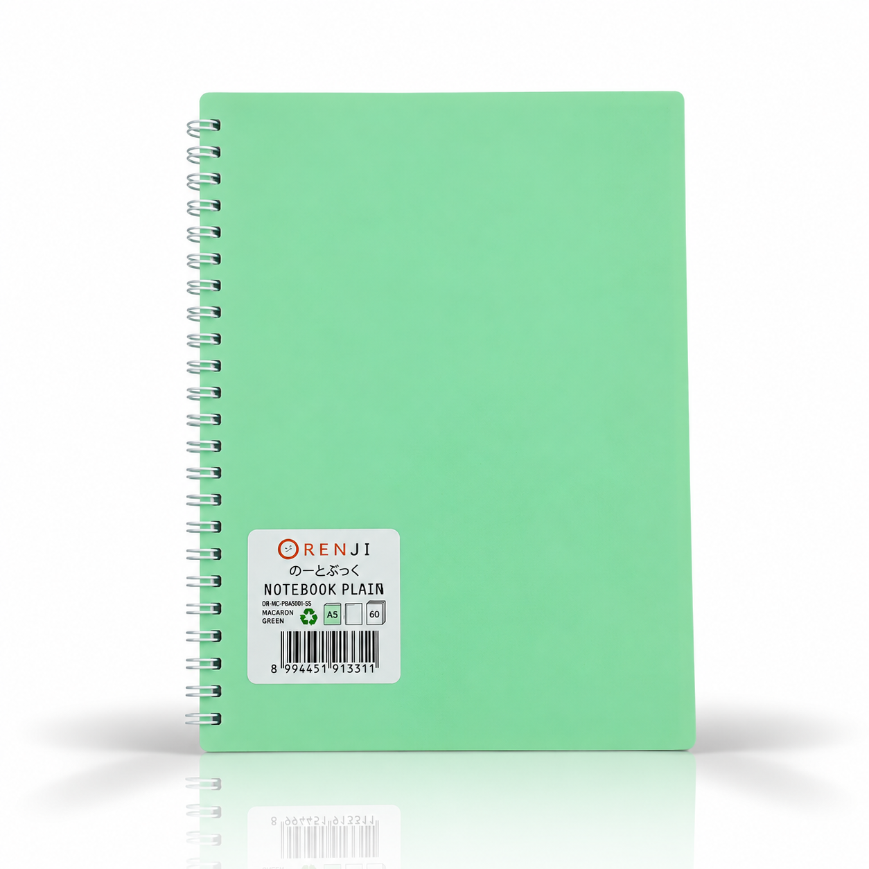 ORENJI Notebook Macaron A5 PLAIN Spiral Samping - Light Green
