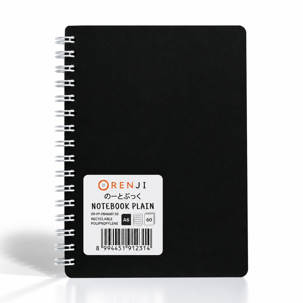 Orenji Notebook PP Cover Colour A6 Plain Spiral Samping Black
