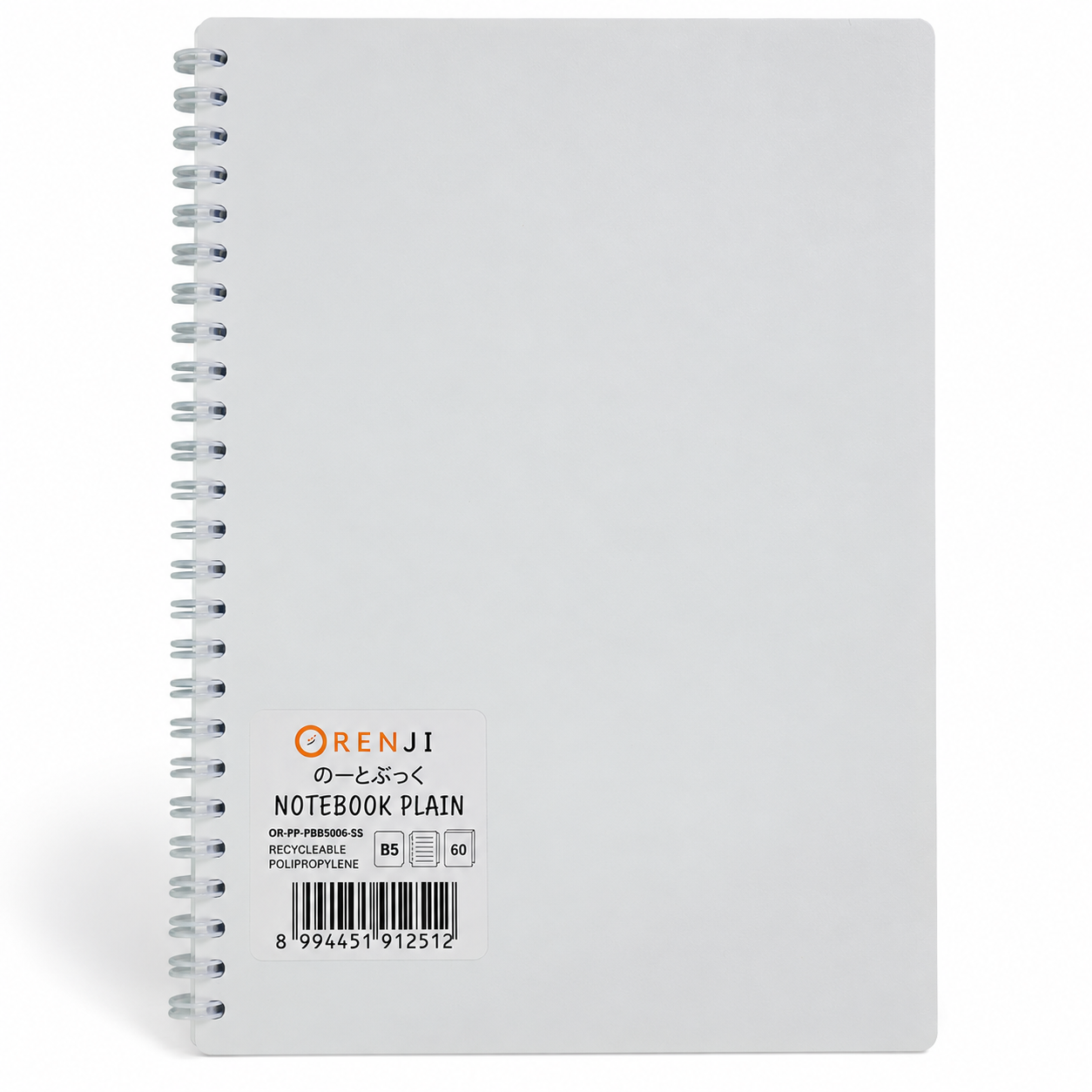 Orenji Notebook PP Cover Colour B5 Plain Spiral Samping White